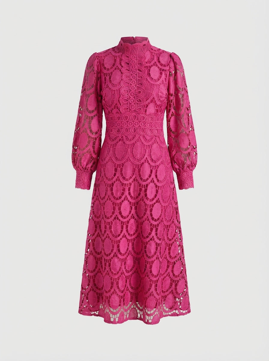 Lace Dress for Women with Stand-Up Collar and Long Sleeves