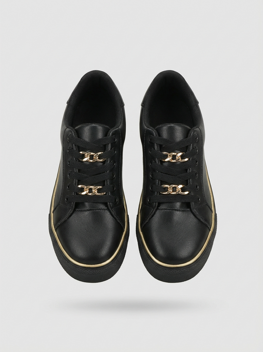 Women's Black Sneakers with Gold Chain and Platform Sole