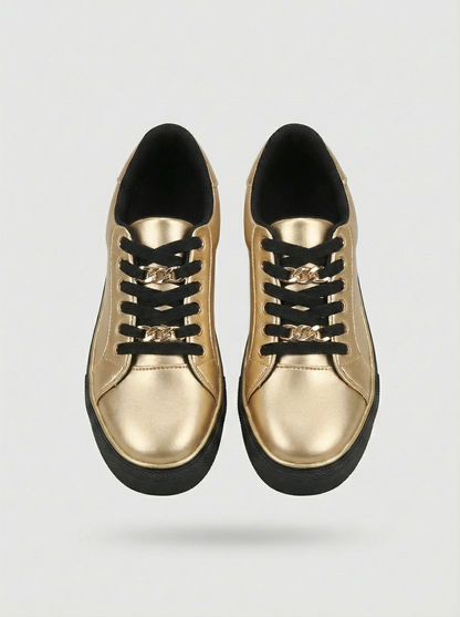 Women's Black Sneakers with Gold Chain and Platform Sole