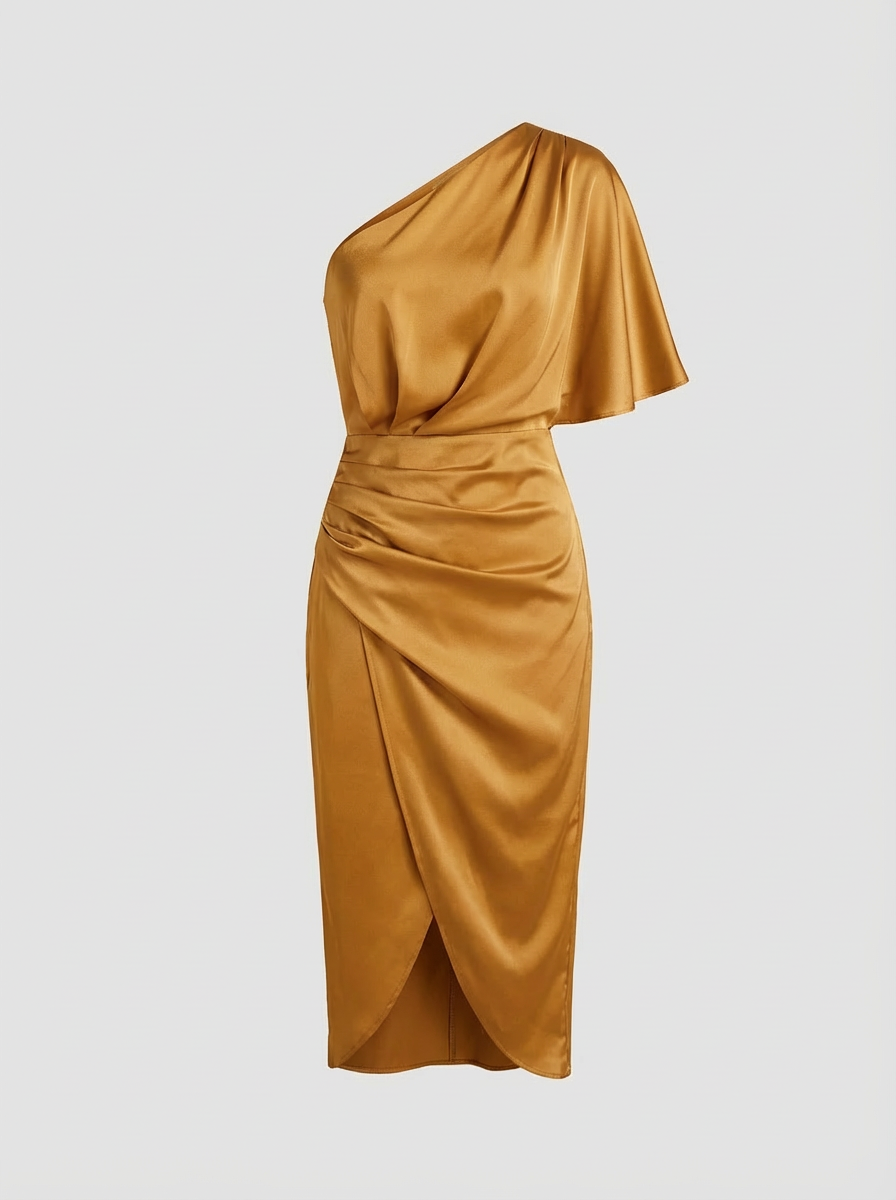 Midi Dress for Women with One-Shoulder and Draping