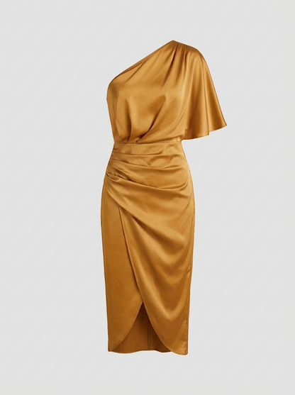 Midi Dress for Women with One-Shoulder and Draping