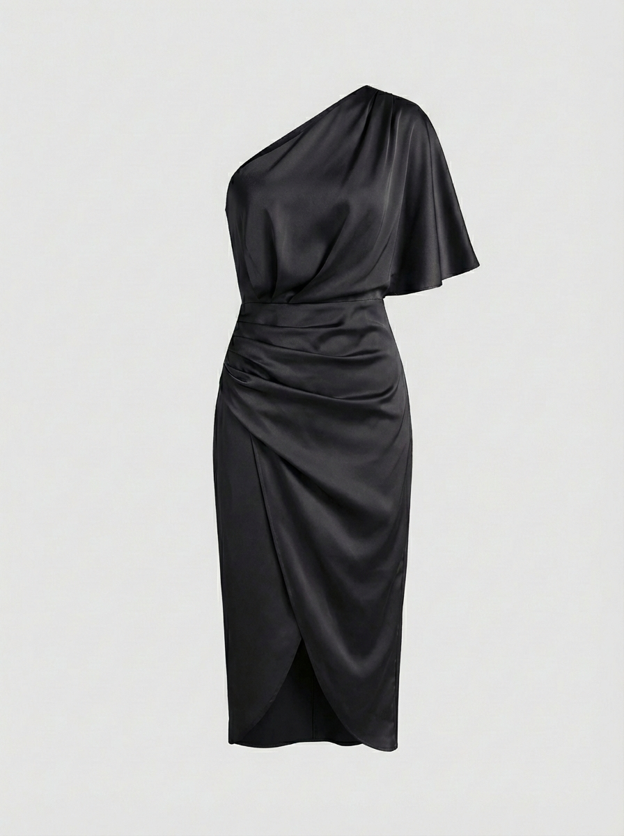 Midi Dress for Women with One-Shoulder and Draping