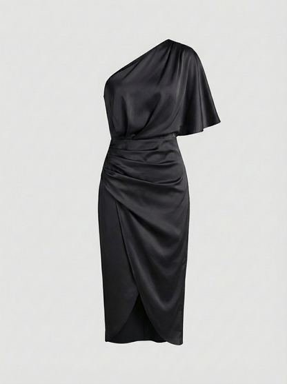 Midi Dress for Women with One-Shoulder and Draping
