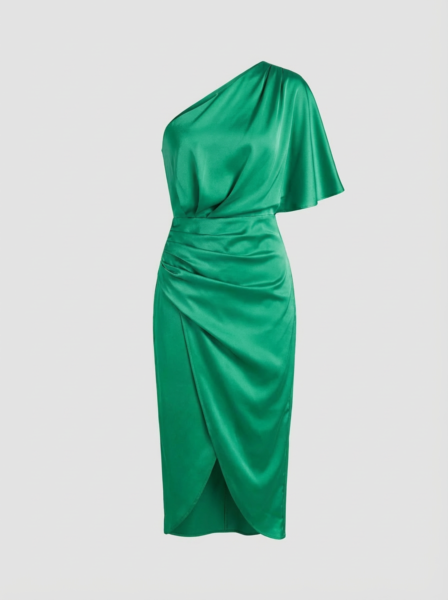 Midi Dress for Women with One-Shoulder and Draping