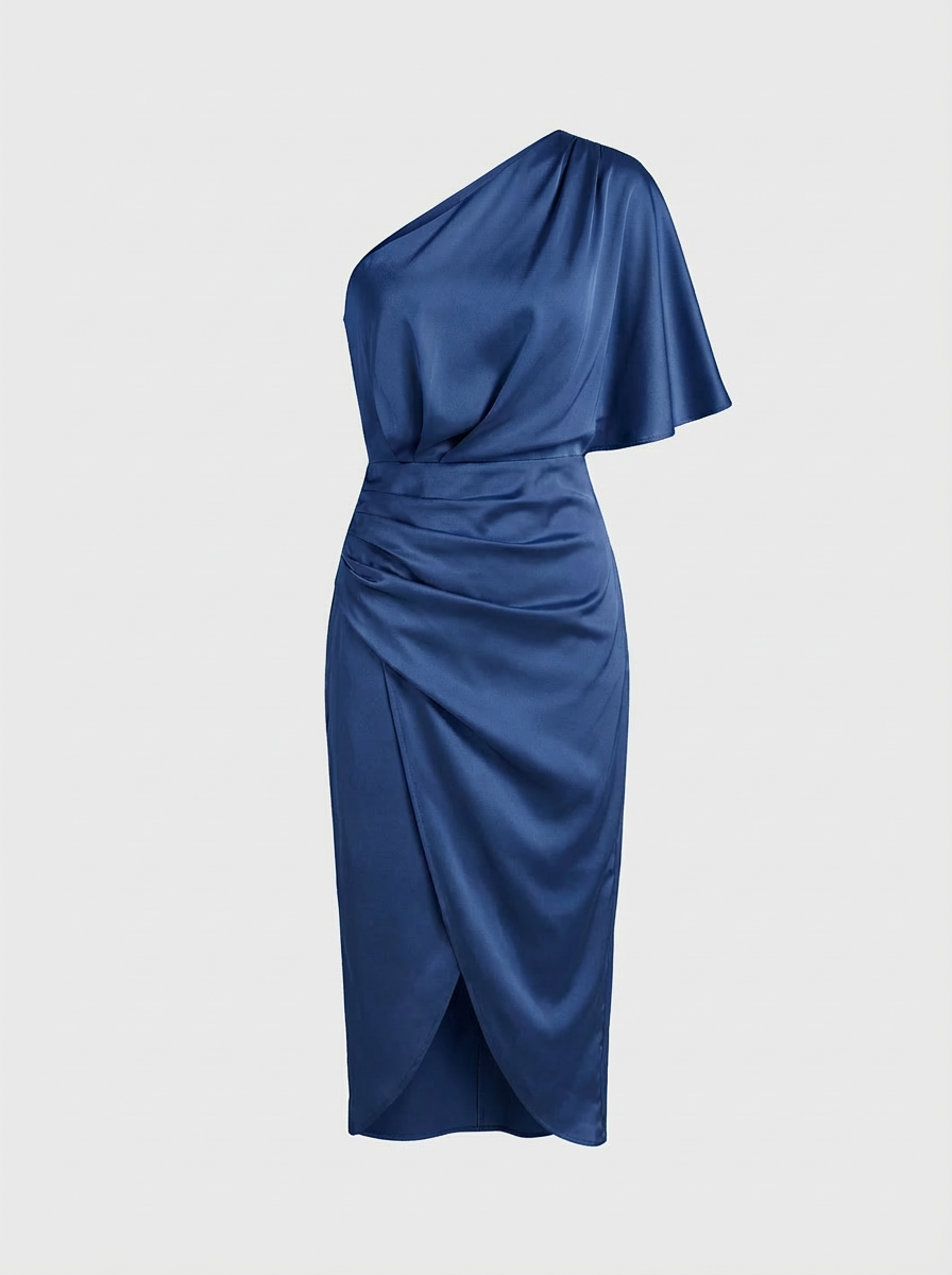 Midi Dress for Women with One-Shoulder and Draping