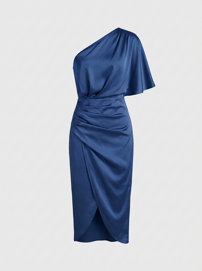 Midi Dress for Women with One-Shoulder and Draping