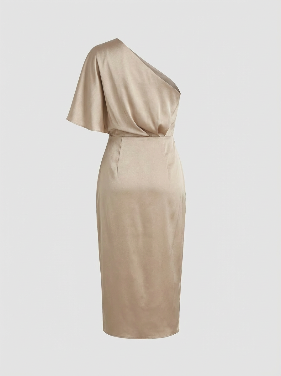 Midi Dress for Women with One-Shoulder and Draping