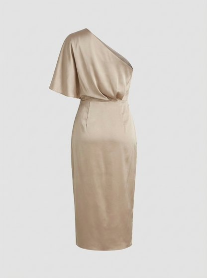 Midi Dress for Women with One-Shoulder and Draping
