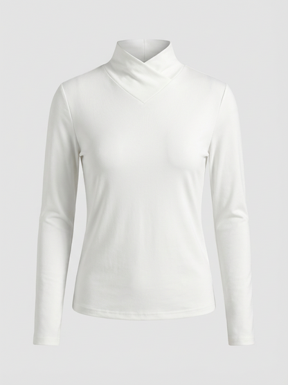 Women's Long Sleeve Top with Stand-up Collar and V-neck
