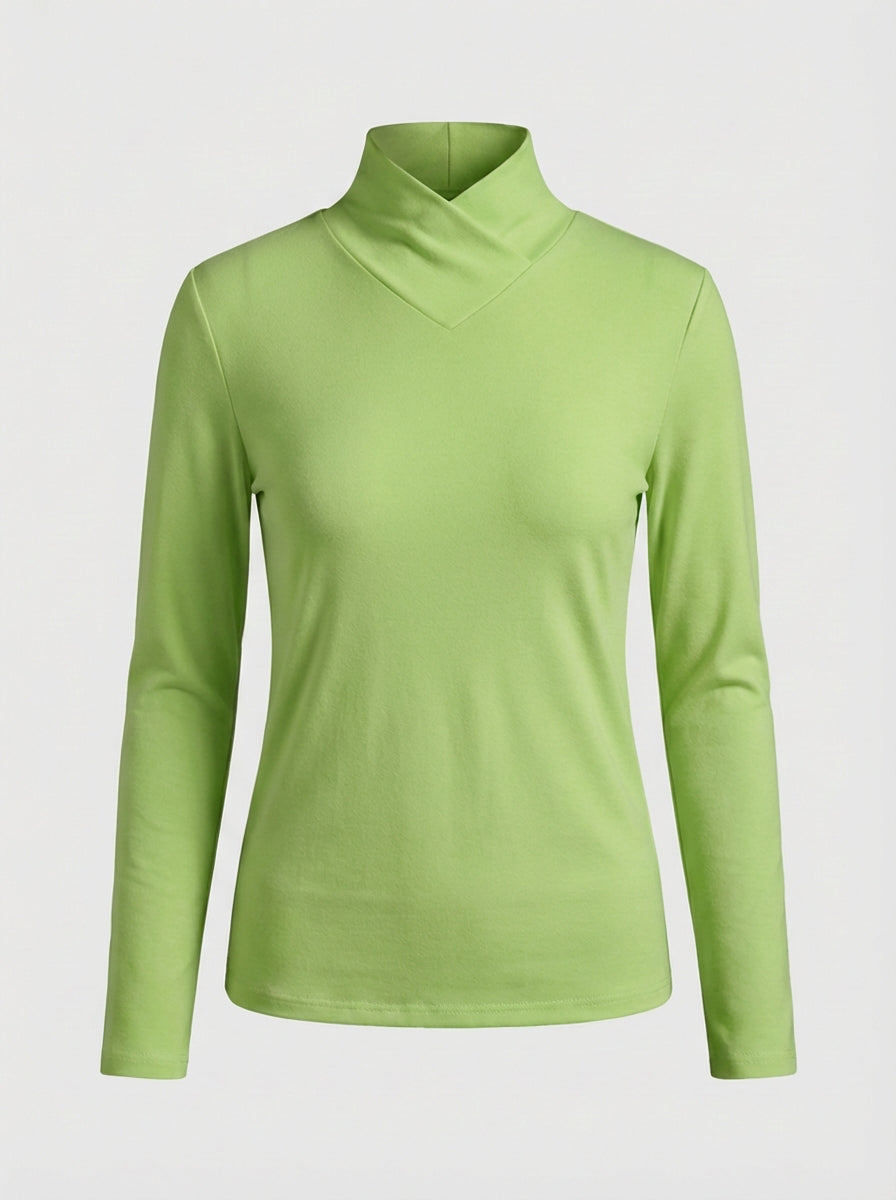 Women's Long Sleeve Top with Stand-up Collar and V-neck
