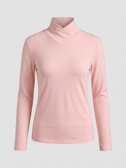 Women's Long Sleeve Top with Stand-up Collar and V-neck