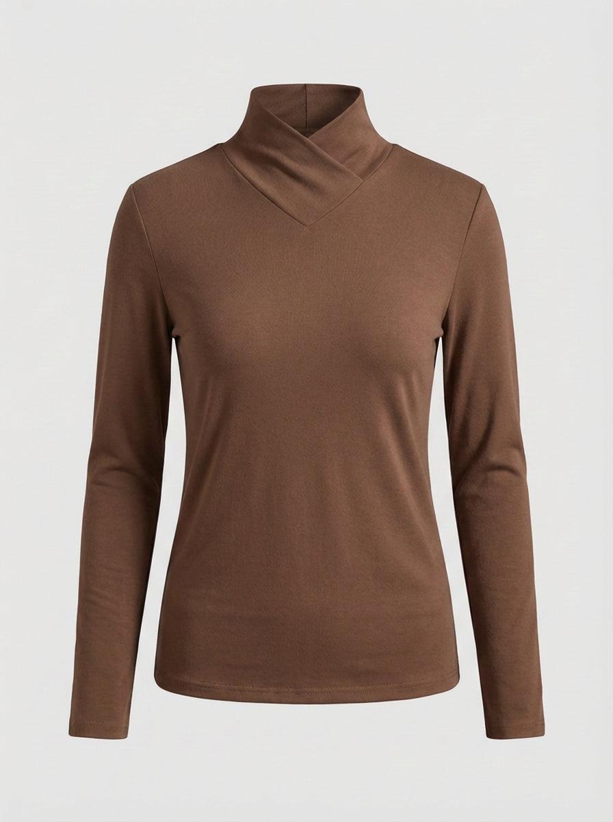 Women's Long Sleeve Top with Stand-up Collar and V-neck