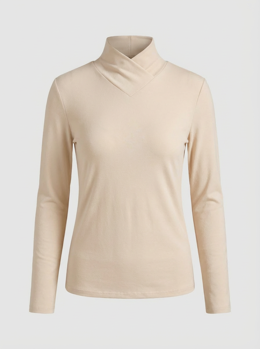 Women's Long Sleeve Top with Stand-up Collar and V-neck
