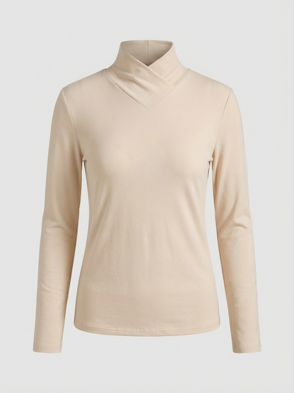 Women's Long Sleeve Top with Stand-up Collar and V-neck