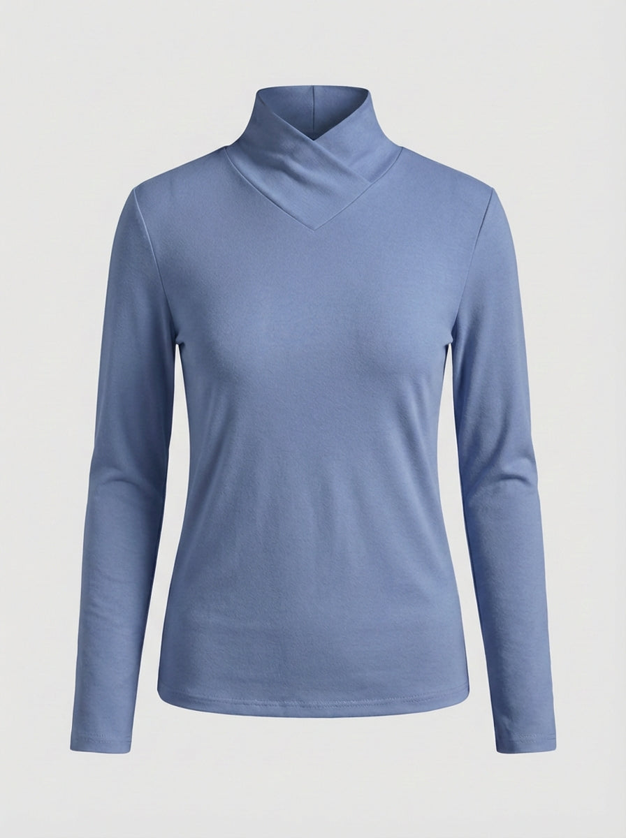 Women's Long Sleeve Top with Stand-up Collar and V-neck