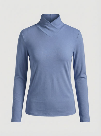 Women's Long Sleeve Top with Stand-up Collar and V-neck