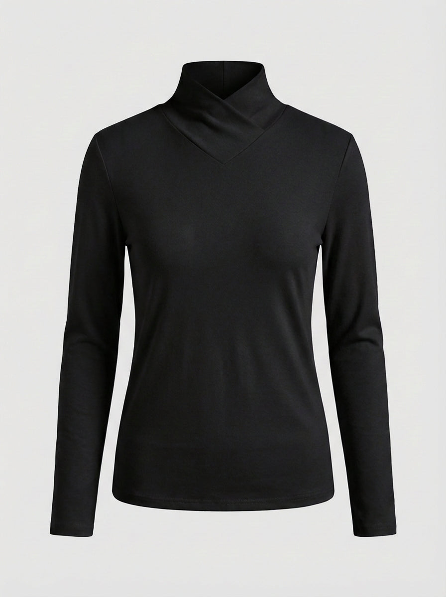 Women's Long Sleeve Top with Stand-up Collar and V-neck
