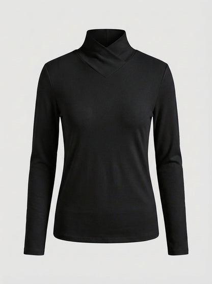 Women's Long Sleeve Top with Stand-up Collar and V-neck