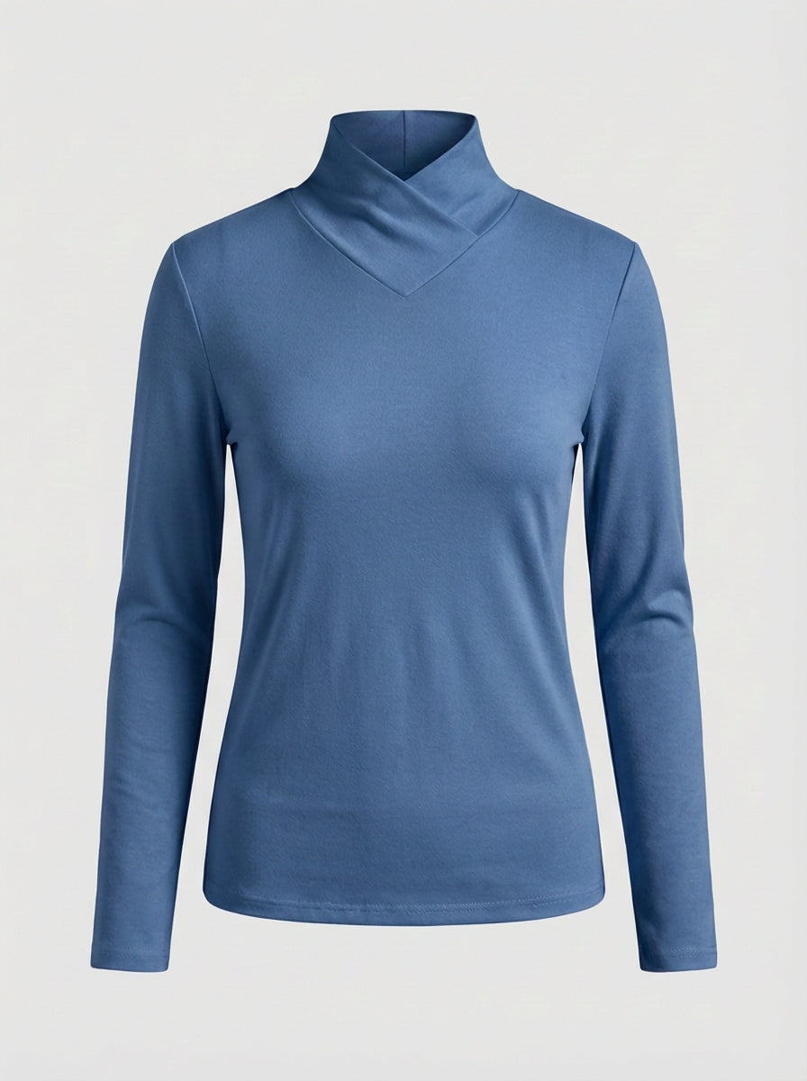 Women's Long Sleeve Top with Stand-up Collar and V-neck