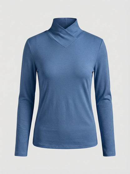 Women's Long Sleeve Top with Stand-up Collar and V-neck