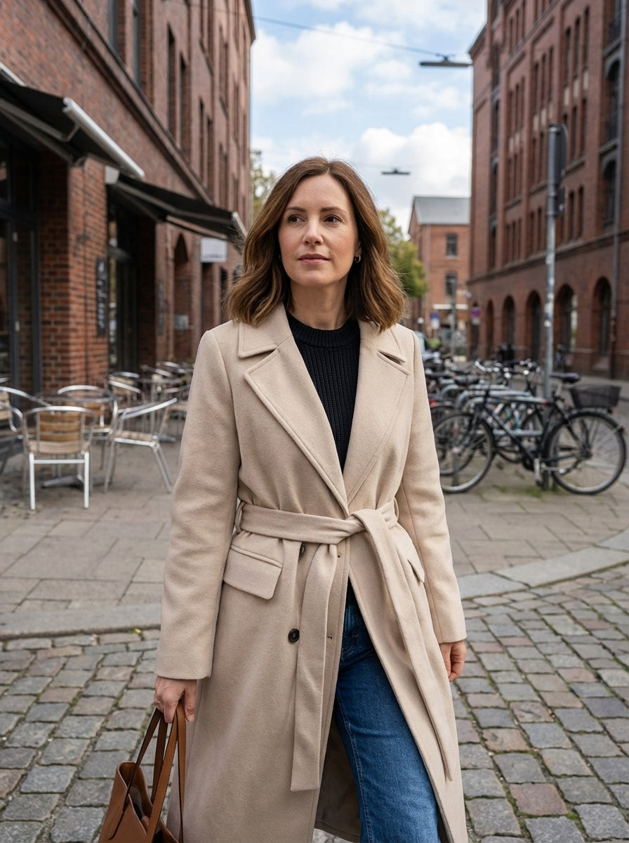 Women's Coat with Belt and Notched Collar