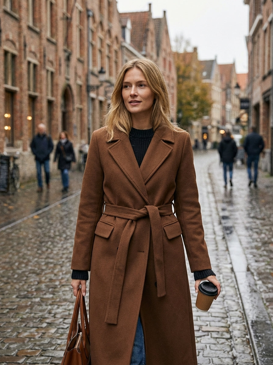 Women's Coat with Belt and Notched Collar