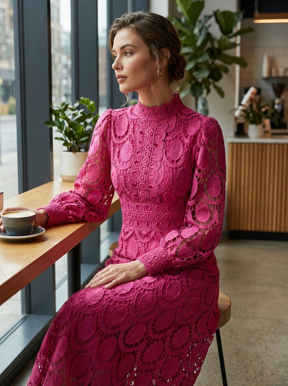 Lace Dress for Women with Stand-Up Collar and Long Sleeves