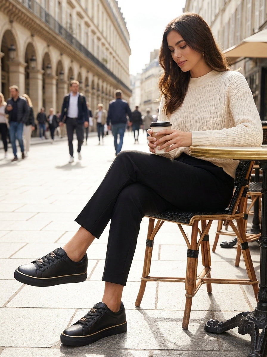 Women's Black Sneakers with Gold Chain and Platform Sole
