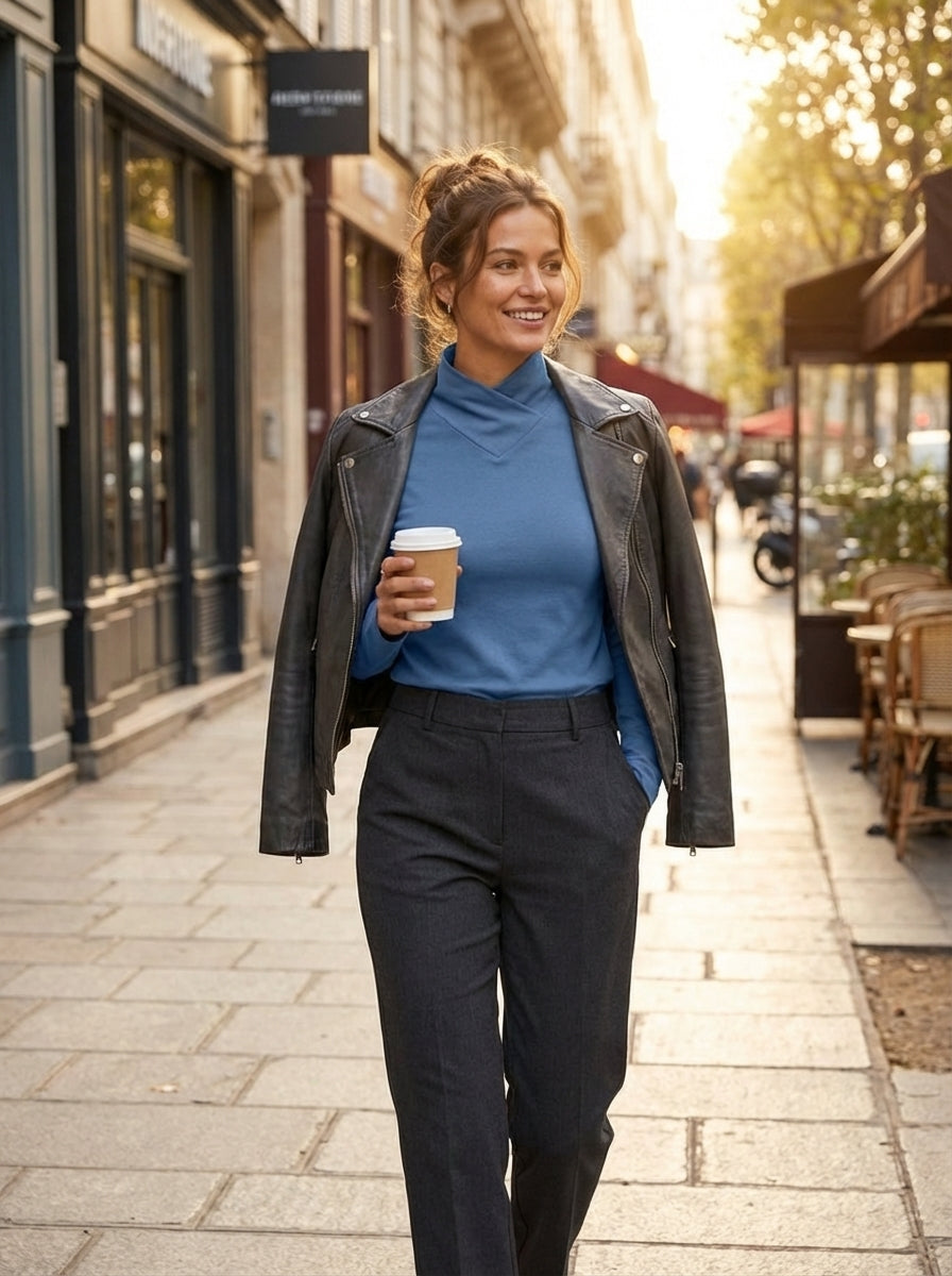 Women's Long Sleeve Top with Stand-up Collar and V-neck