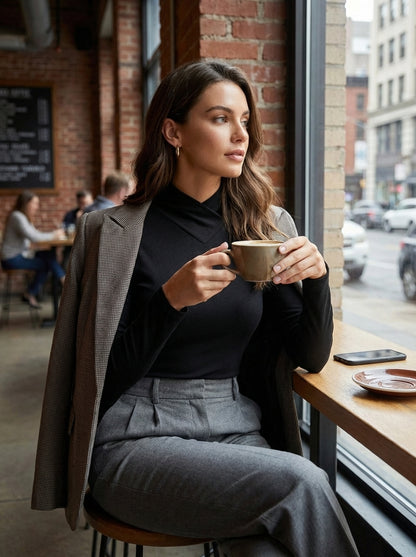 Women's Long Sleeve Top with Stand-up Collar and V-neck
