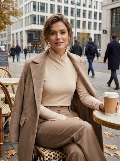 Women's Long Sleeve Top with Stand-up Collar and V-neck
