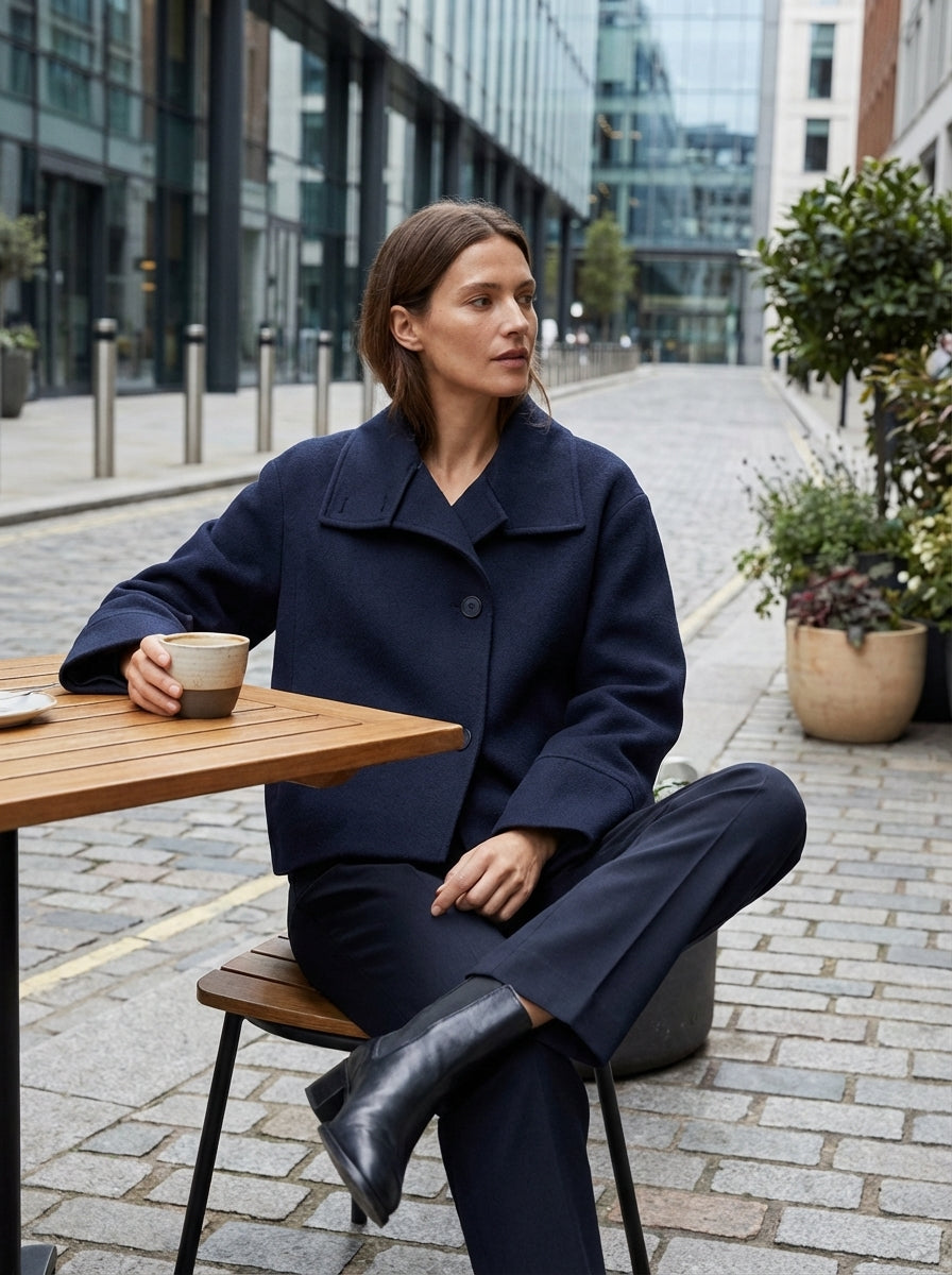 Women's Short Jacket with Notched Collar and Button Placket