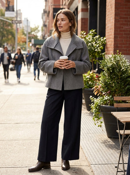 Women's Short Jacket with Notched Collar and Button Placket