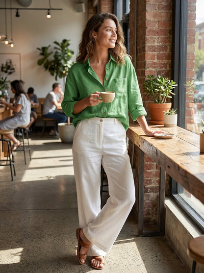 Women's Long Sleeve Shirt Blouse with Button Placket