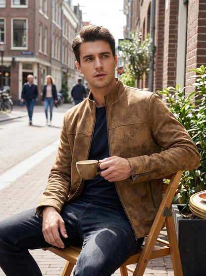 Men's Suede Leather Jacket with Zip