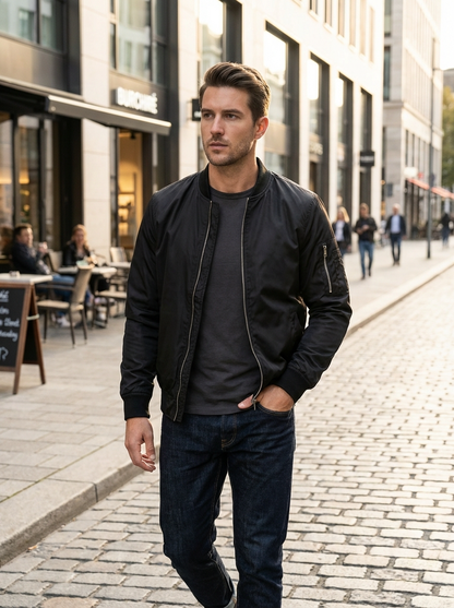 Men's Bomber Jacket with Zip and Stand-Up Collar