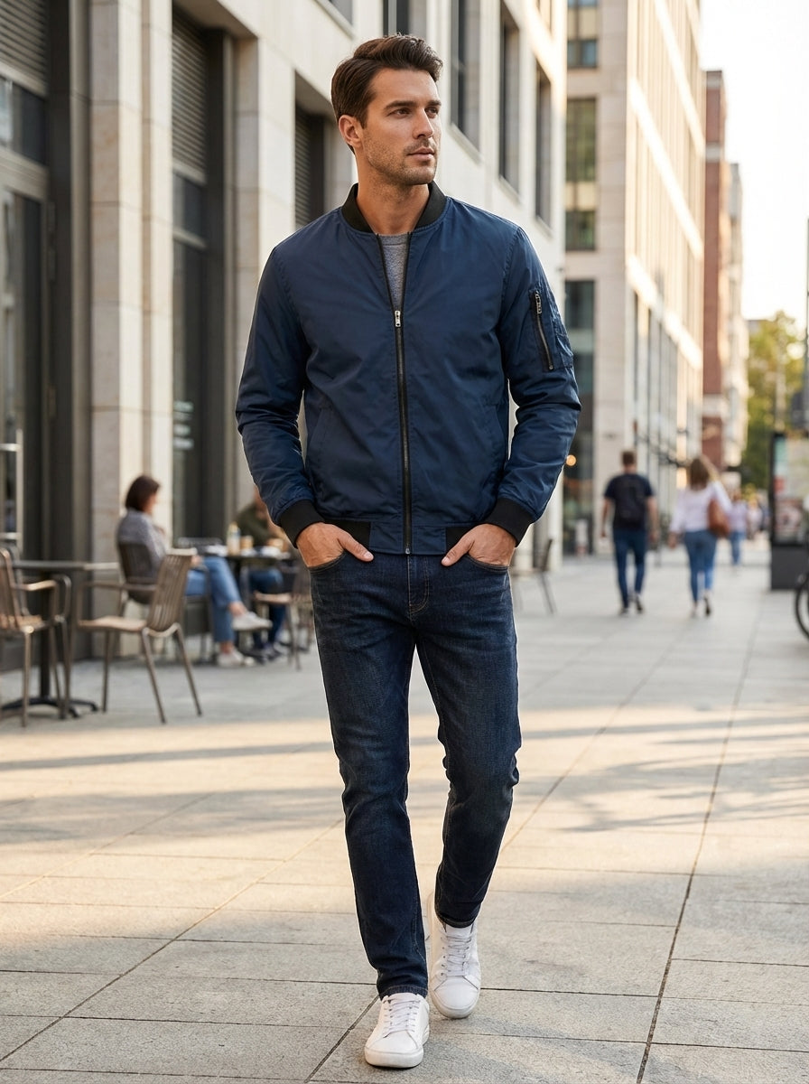 Men's Bomber Jacket with Zip and Stand-Up Collar