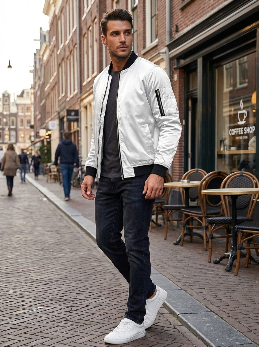 Men's Bomber Jacket with Zip and Stand-Up Collar