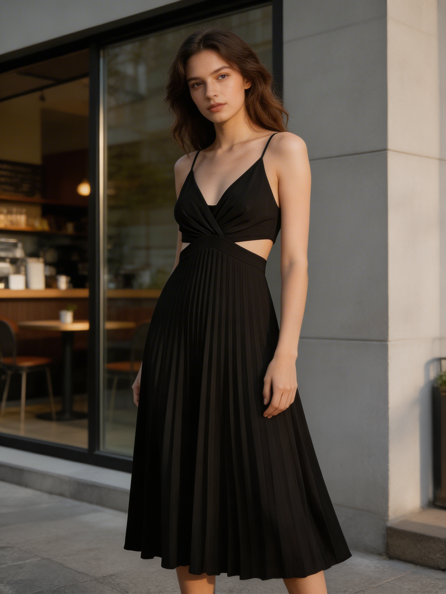 Maxi Dress for Women with Pleats and V-Neck