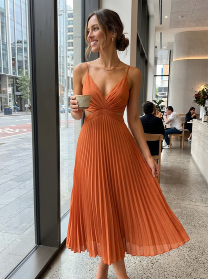 Maxi Dress for Women with Pleats and V-Neck