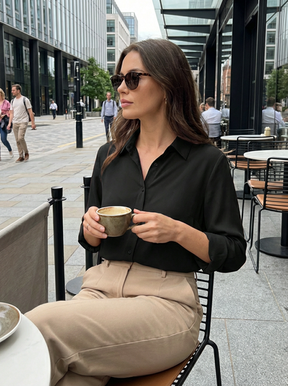 Women's White Long Sleeve Blouse with Collar and Button Placket