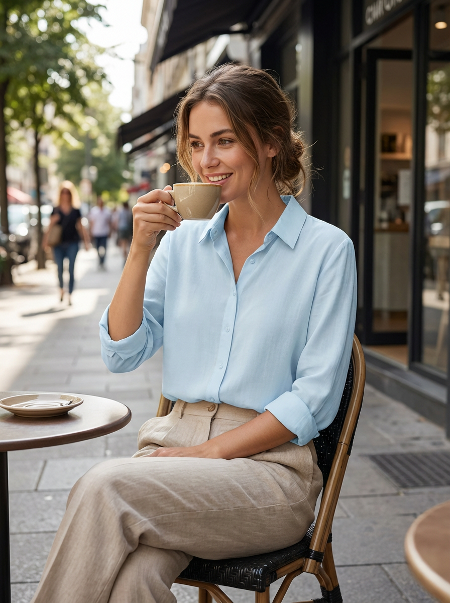 Women's White Long Sleeve Blouse with Collar and Button Placket