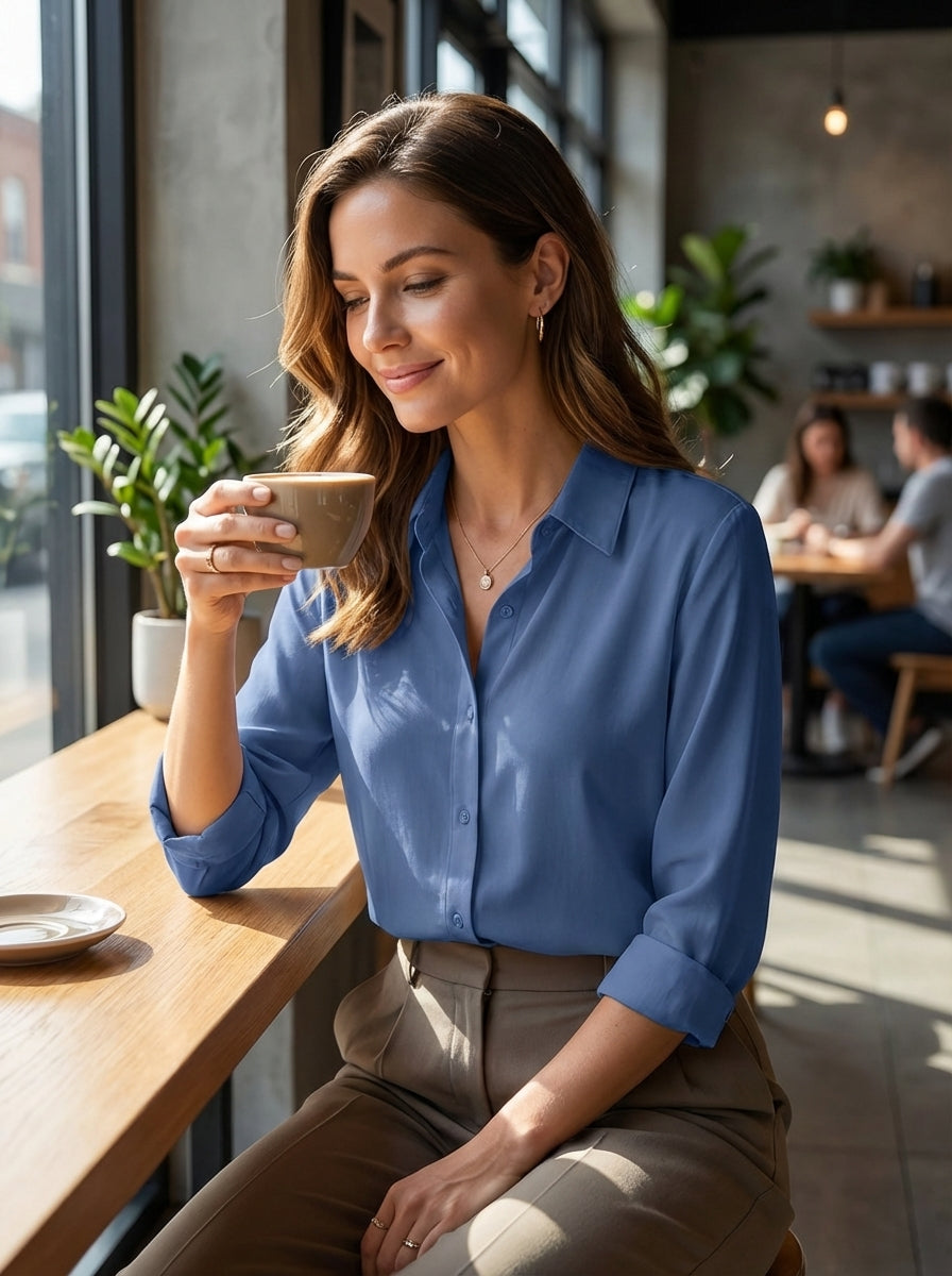 Women's White Long Sleeve Blouse with Collar and Button Placket