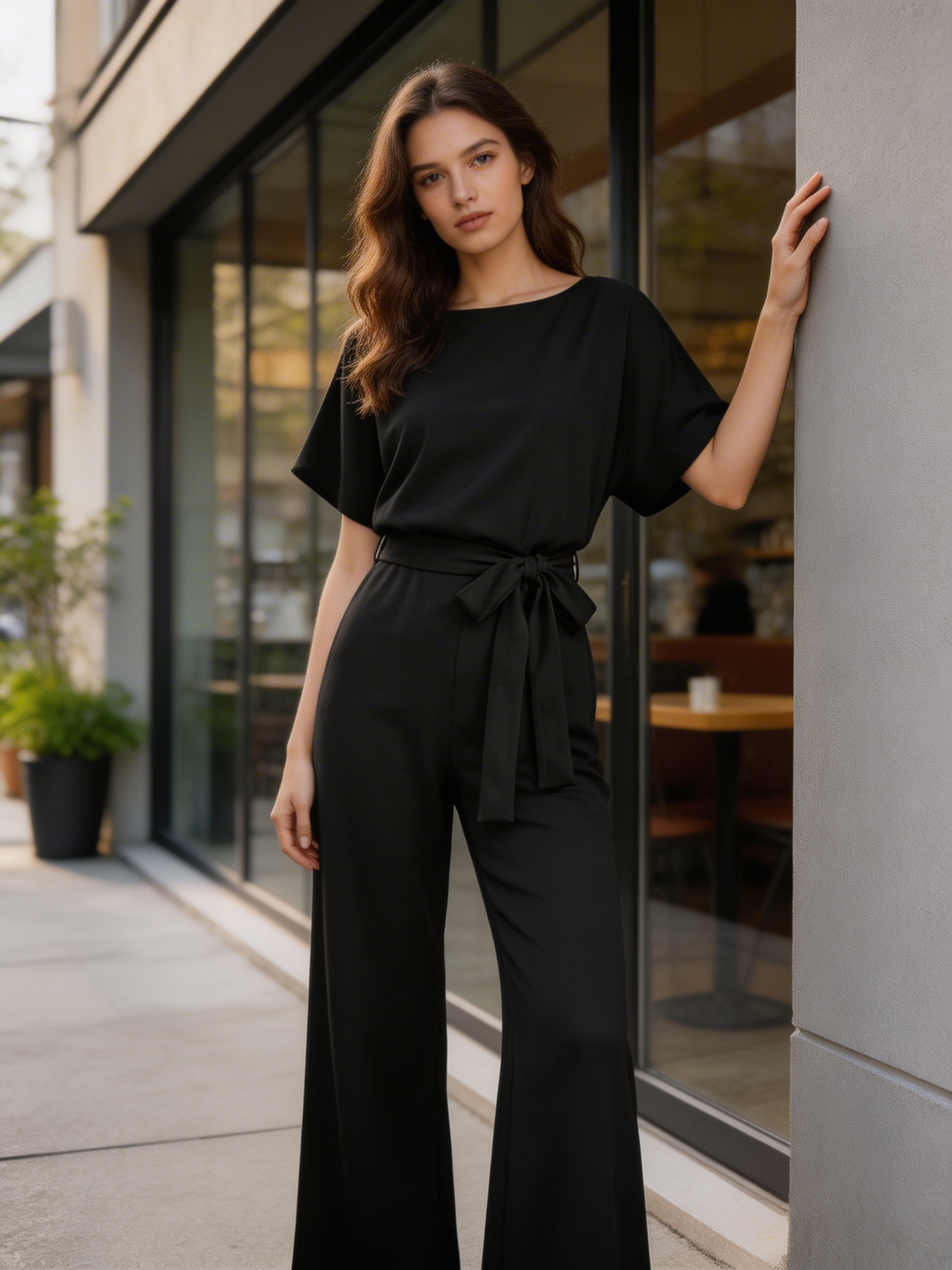 Women's Long Jumpsuit with Tie Belt and Short Sleeves