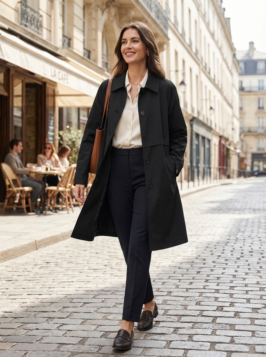 Women's Coat with Collar and Button Placket