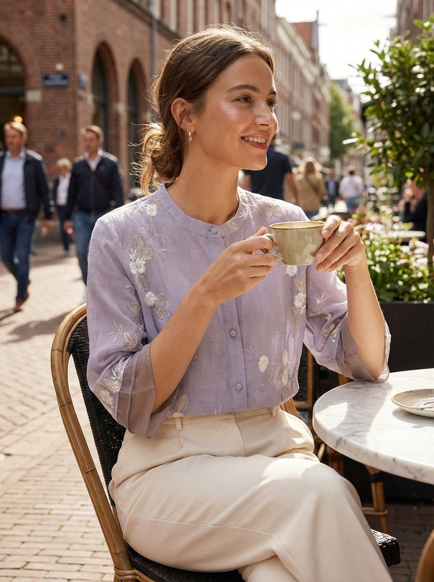 Women's Blouse with Stand-Up Collar and Ruffled Sleeves