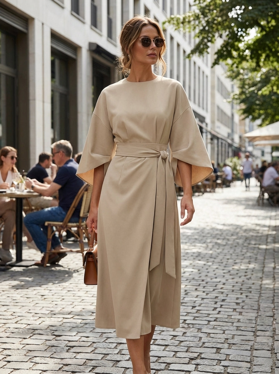 Midi Dress for Women with Belt and Wide Sleeves