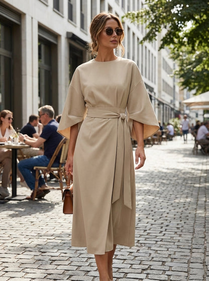 Midi Dress for Women with Belt and Wide Sleeves