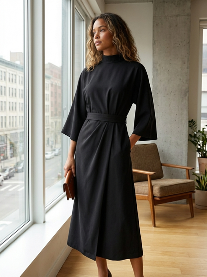 Midi Dress for Women with Belt and Wide Sleeves