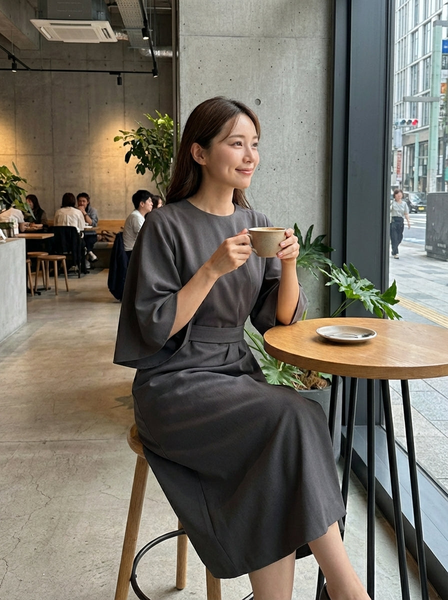 Midi Dress for Women with Belt and Wide Sleeves